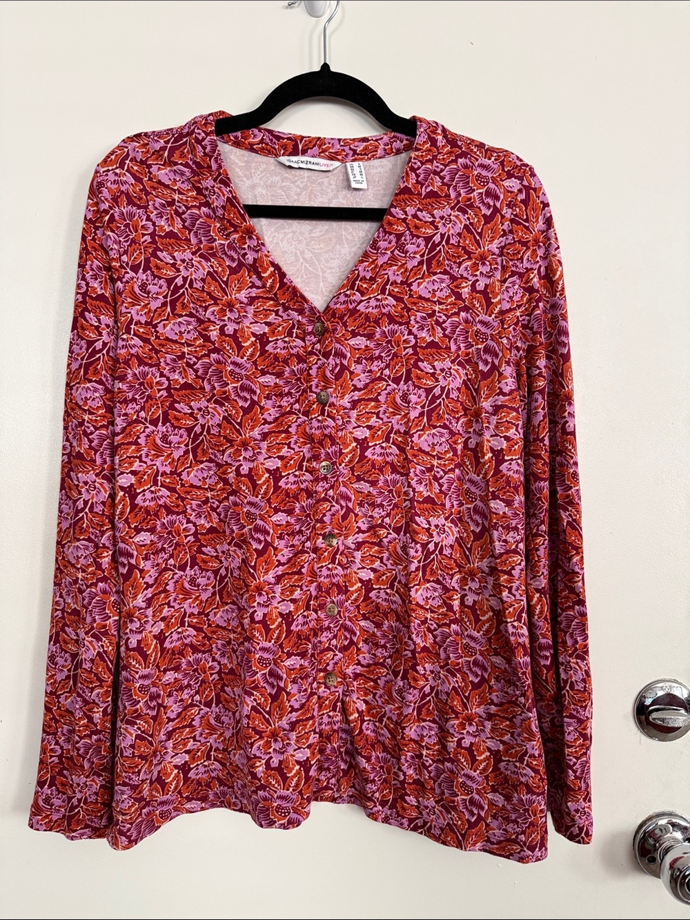 Isaac Mizrahi Floral Long-Sleeve Top in Burgundy Orange and lavender colors